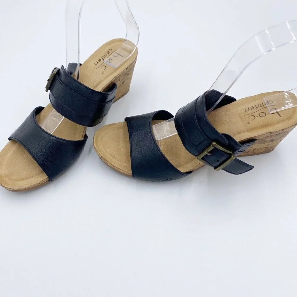b.o.c. Comfort Black Double Strap Cork Wedges Buckle Slip-on Size 8M